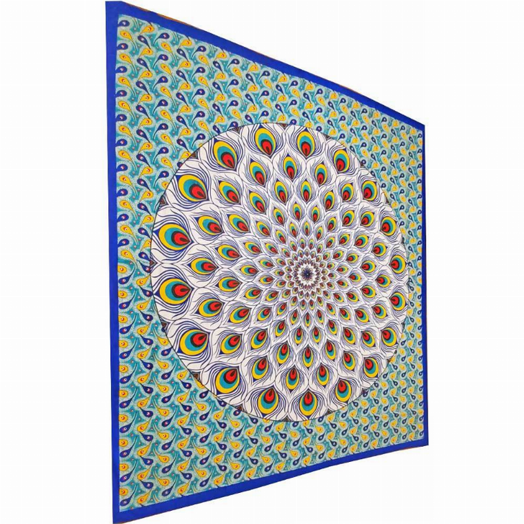 Yellow Geometric Design Peacock Tapestry