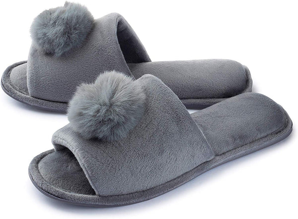 Roxoni Women's Slippers Lovely Velvet Pom-pom Open Toe House Slides