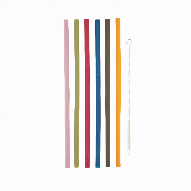 Silicone Straws, Set Of 6 With Cleaning Brush By True