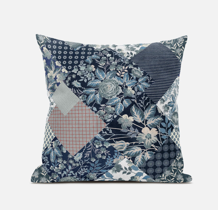 16" Deep Blue Gray Floral Zippered Suede Throw Pillow - 606114017332