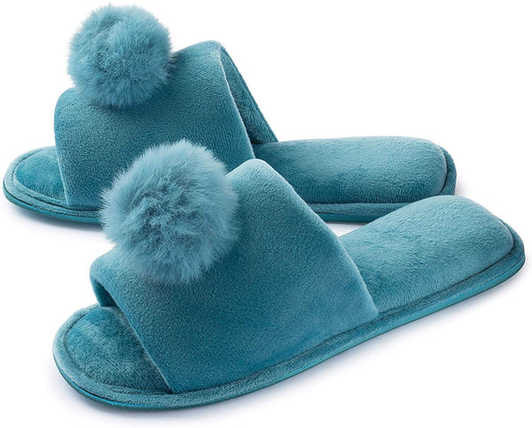 Roxoni Women's Slippers Lovely Velvet Pom-pom Open Toe House Slides