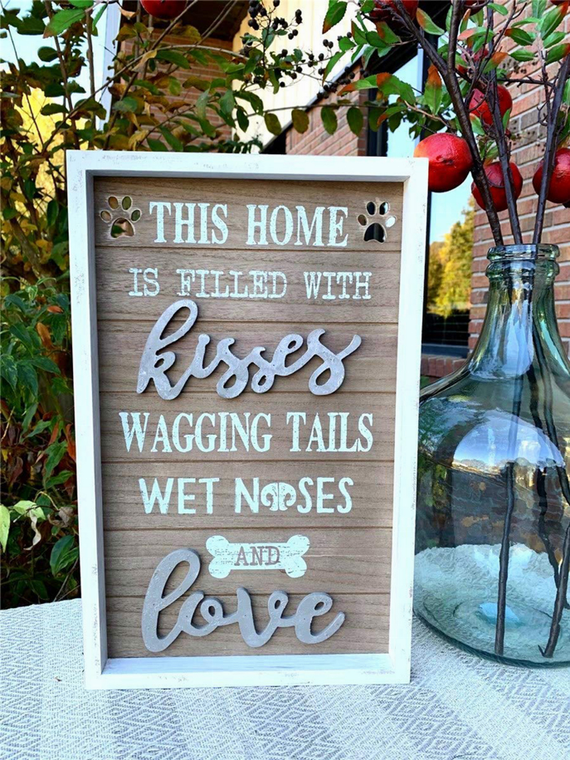 Vintage Wood Framed Wall Plaque with Dog Quote - This Home is Filled with Kisses Wagging Tails Wet Noses and Love- Farmhouse Rustic Wood Dog Sign Home Decor- 12" W X 19" H