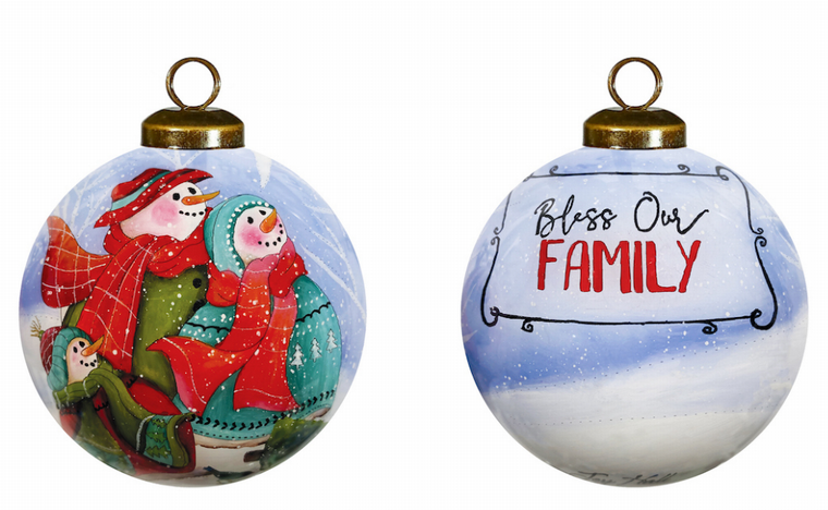 Snowman Bless Our Family Hand Painted Glass Ornament