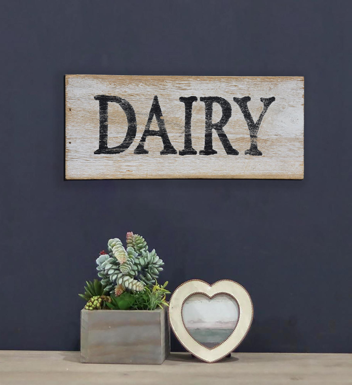 Dairy Whitewashed Wood Wall Sign- Rustic Farmhouse Wall Hanging Decor- 10.25 x 1 x 4.5 Inches