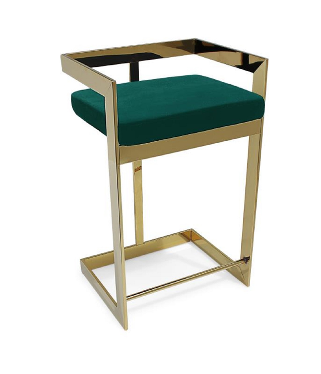30" Green and Gold Metal and Velvet Low Back Bar Height Bar Chair