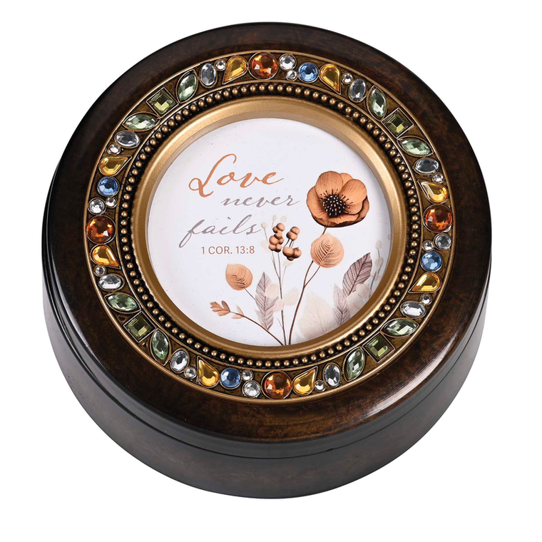Music Box Round Jeweled Love Never Fails