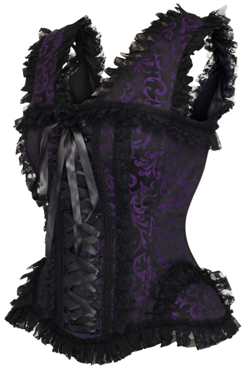 Top Drawer Purple/Black Swirl Brocade & Lace Steel Boned Corset with Cap Sleeves
