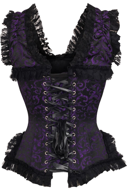 Top Drawer Purple/Black Swirl Brocade & Lace Steel Boned Corset with Cap Sleeves