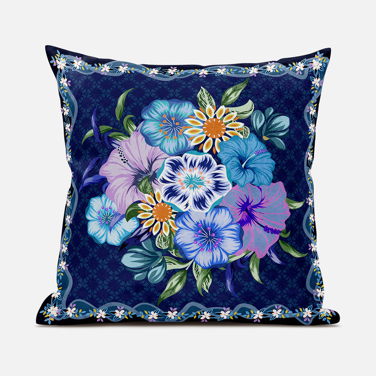 16x16 Indigo Yellow DarkBlue Blown Seam Broadcloth Floral Throw Pillow - 4512839590615