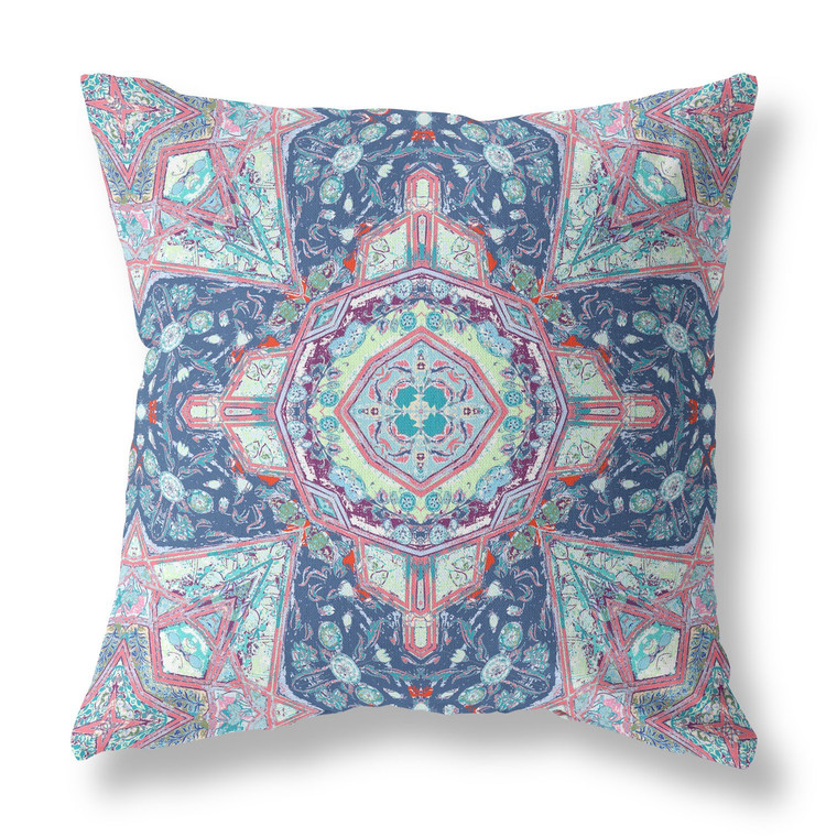 16” Blue Pink Floral Geo Zippered Suede Throw Pillow - 606114052784