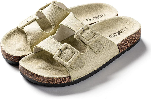 Roxoni Women Comfort Sandals Double Buckle Adjustable EVA Flat Slides Footbed Suede with Arch Support Non-Slip