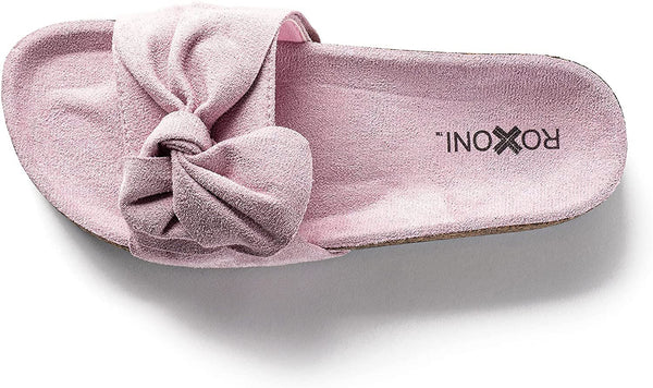 Roxoni Women Comfort Sandals Ribbon Bow Top EVA Flat Slides Footbed Suede with Arch Support Non-Slip