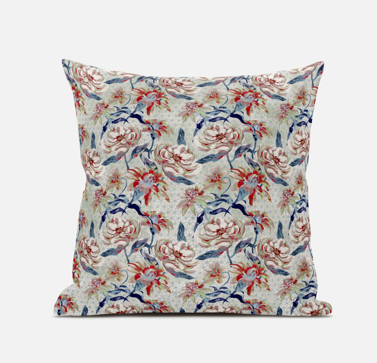 16" Red Indigo Roses Zippered Suede Throw Pillow - 606114018896