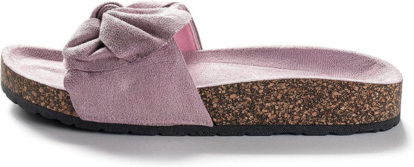 Roxoni Women Comfort Sandals Ribbon Bow Top EVA Flat Slides Footbed Suede with Arch Support Non-Slip