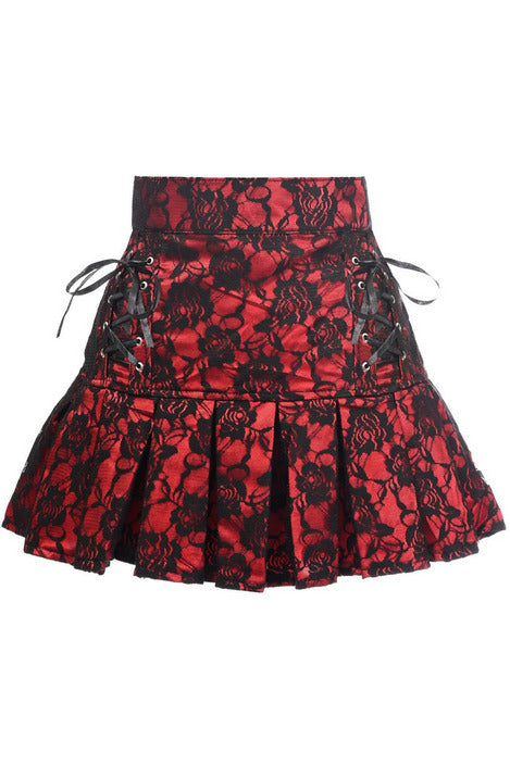 Satin Lace Overlay Lace-Up Skirt