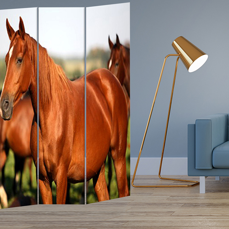 72" Brown And White Canvas Folding Three Panel Screen Room Divider