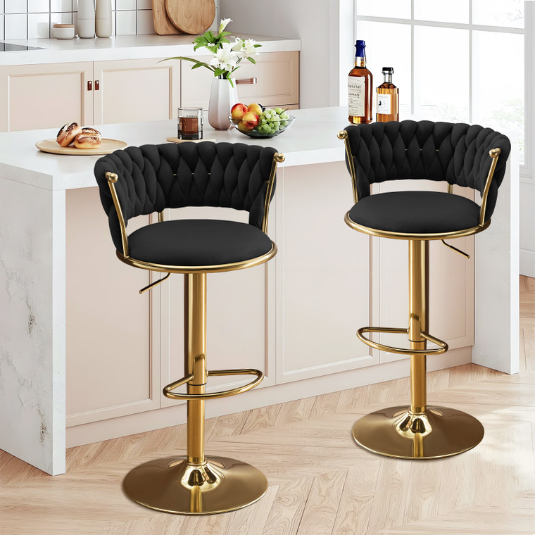 Set of Two Black and Gold Velvet and Metal Low Back Adjustable Height Swivel Bar Chairs - 880024932033