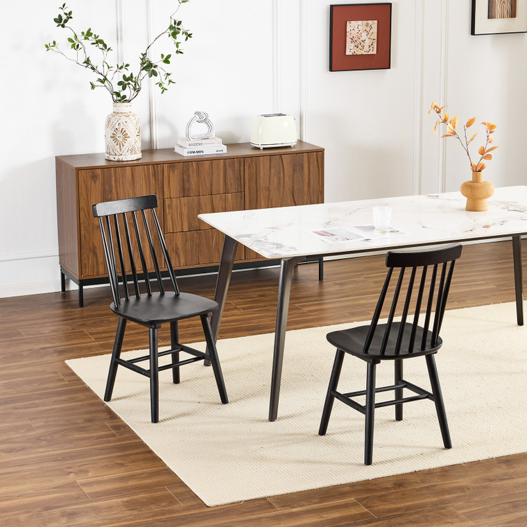 Set of Two Black Solid Wood Windsor Back Dining Side Chairs - 880016408621