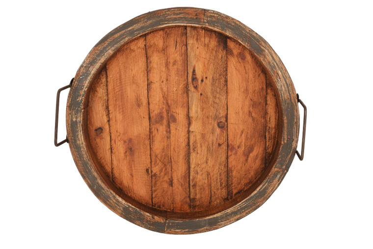 15" Gray And Natural Solid Wood Handmade Round Serving Tray With Handles - 880016542622