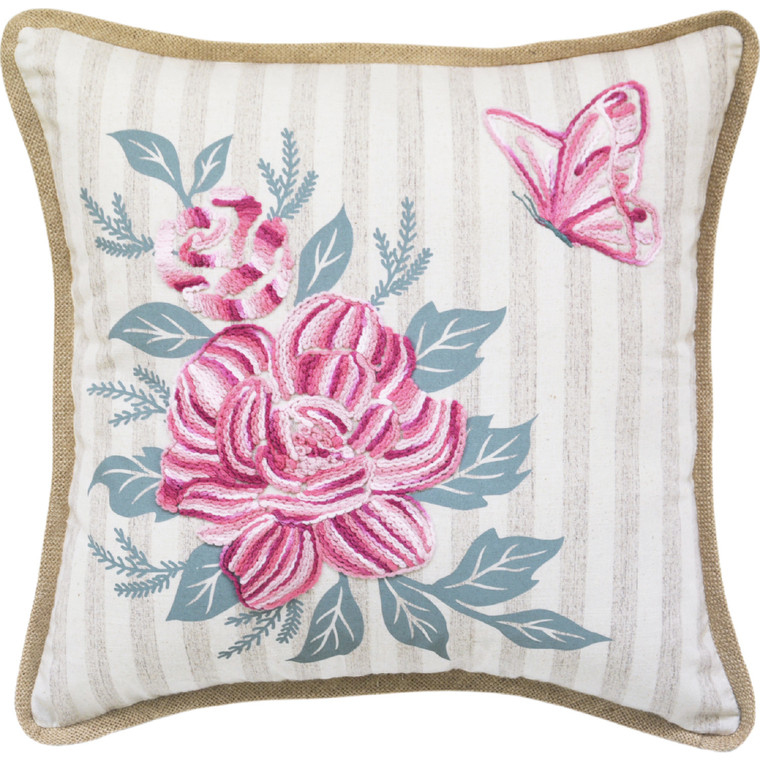 17" X 17" Pink Embroidered Floral and Butterfly with Burlap Throw Pillow - 606114066040