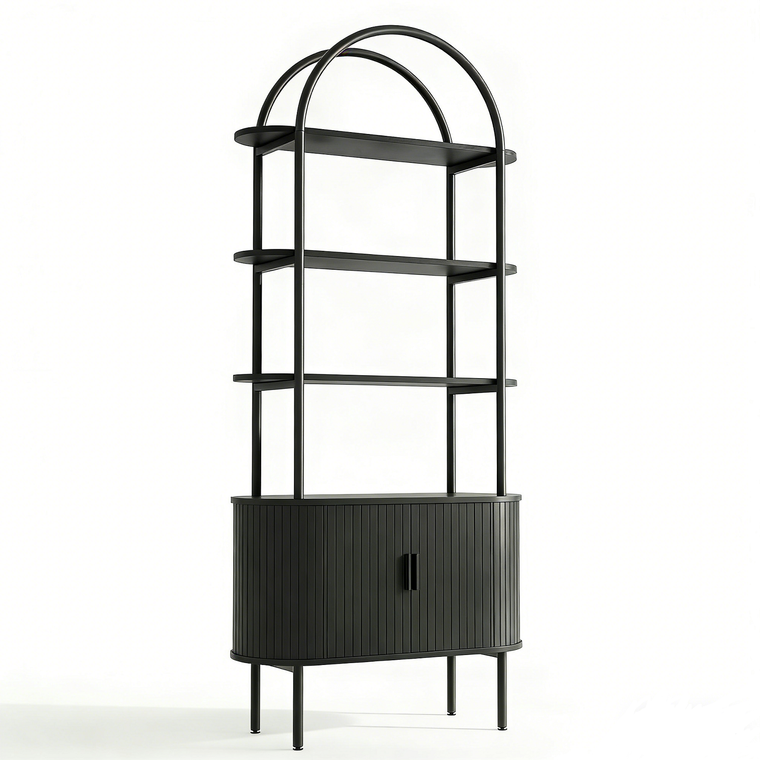 71" Black Wood Four Tier Arched Etagere Bookcase with Two Doors - 880024534336