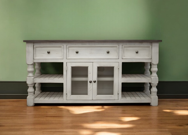 60" Ivory Solid Wood Open shelving Distressed TV Stand - 606114745594