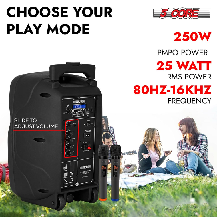 8 inch PA Portable Bluetooth Party Speaker Karaoke Boombox + 2 Wireless Mics - 810099499254