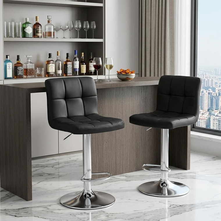 Set of Two Black and Silver Faux Leather and Aluminum Adjustable Height Swivel Bar Chairs - 880024977607