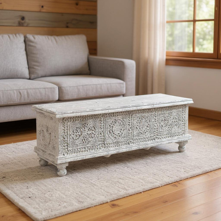 54" White Solid Wood Medallion Storage Ottoman - 880016523928