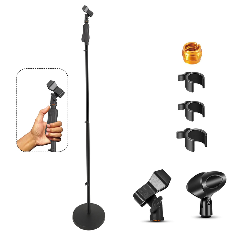Universal Microphone Stand Height Adjustable 35 to 57" Round Base Floor Mic Holder Metal Build - 810144131955