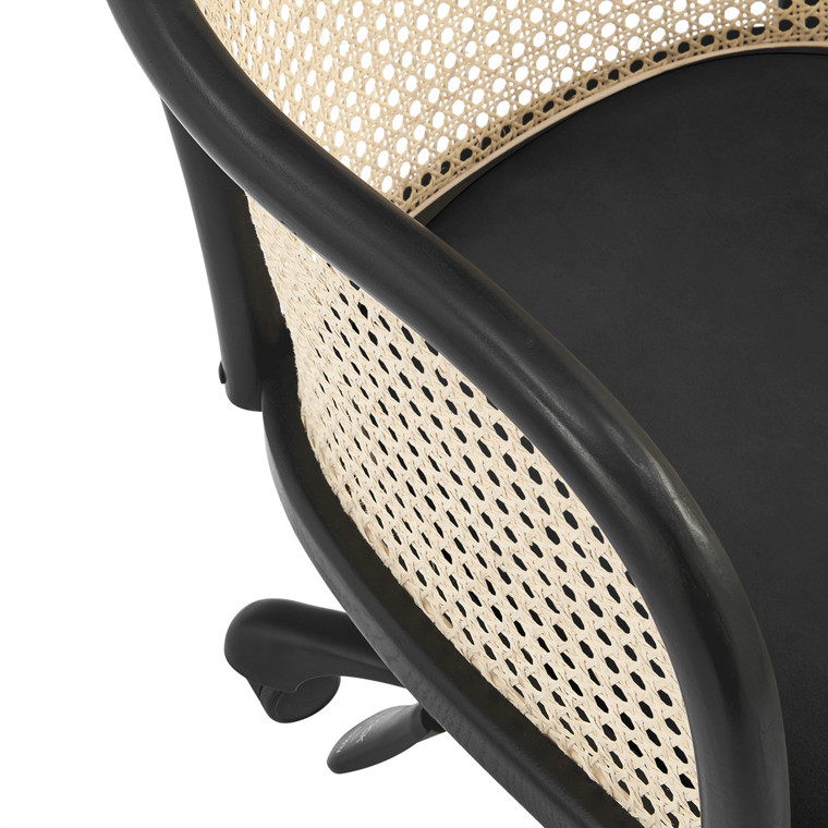 Beige and Black Solid Wood Steel And Cane Rattan Adjustable Swivel Rolling Office Chair - 880016558340