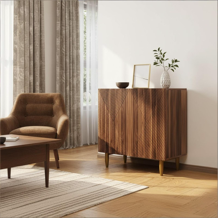 32" Brown Wood Carved Geometric Sideboard With Two Doors - 880024675992