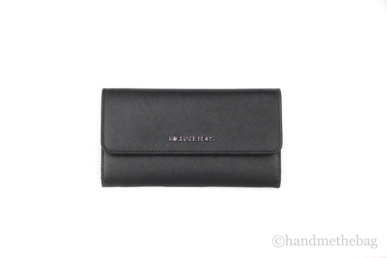 Michael Kors Jet Set Leather Solid Black Silver Trifold Wallet Clutch - 191935556851