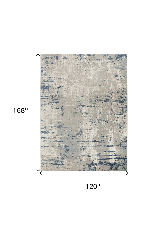 10' X 14' Ivory Gray And Blue Abstract Distressed Area Rug - 880016678291
