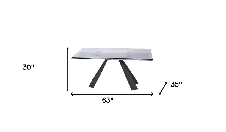 63" Glass and Black Extendable Dining Table With Accordion Metal Base - 606114146353