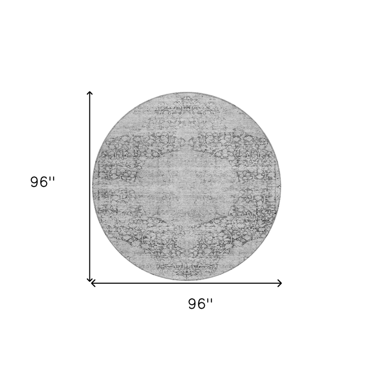 8' Gray And Ivory Round Oriental Washable Indoor Outdoor Area Rug - 880016872347
