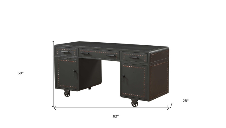 63" Gray Metal Executive Desk With Two Cabinets Three Drawers - 606114863076