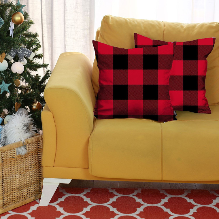 Set of 2 Red and Black Buffalo Plaid Throw Pillow Cover - 808230092389