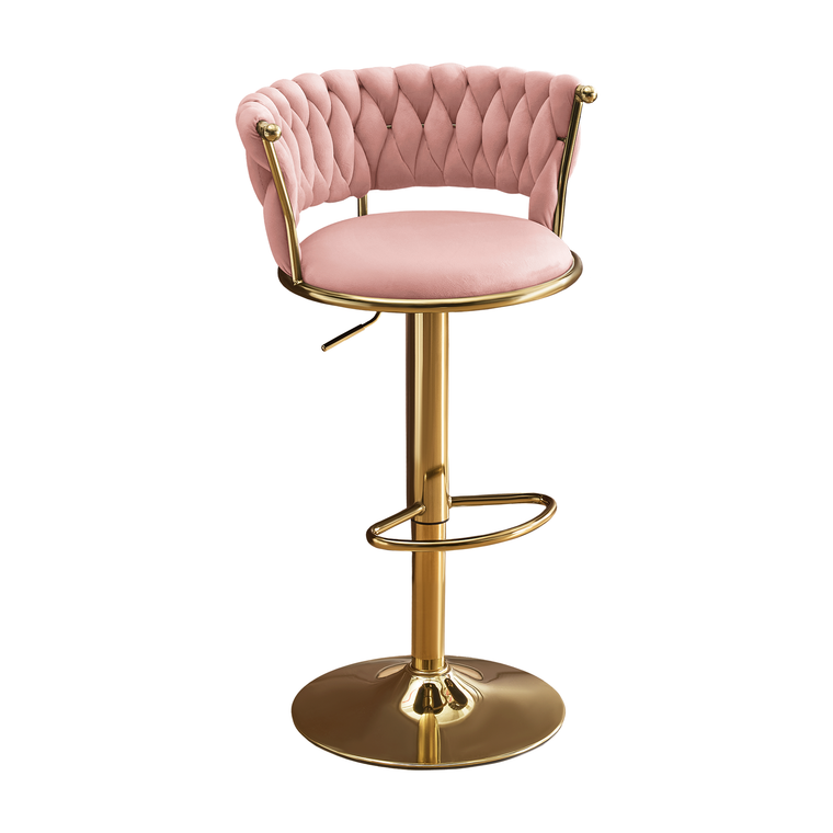Set of Two Pink and Gold Velvet and Metal Low Back Adjustable Height Swivel Bar Chairs - 880024625249