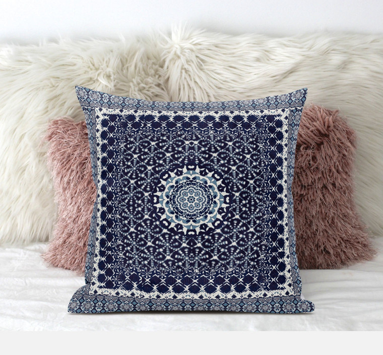 16” Indigo Blue Holy Floral Zippered Suede Throw Pillow - 606114019619