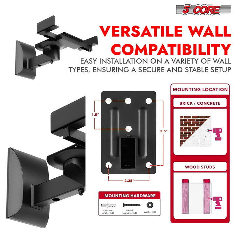 Speaker Wall Mount Adjustable Swivel 11 Inch Space Bookshelf Brackets Pair - 810144132501