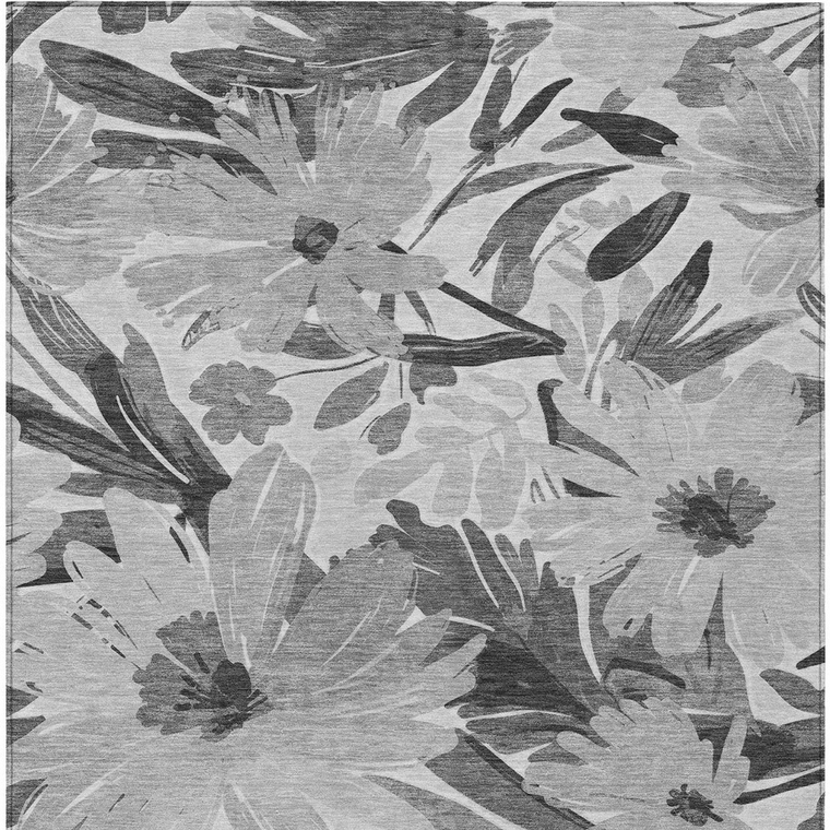 8' X 10' Gray And Charcoal Floral Washable Indoor Outdoor Area Rug - 880016763652