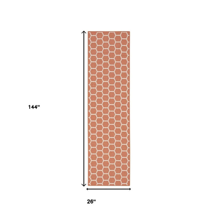12' Coral And Ivory Geometric Indoor Outdoor Runner Rug - 880016635010