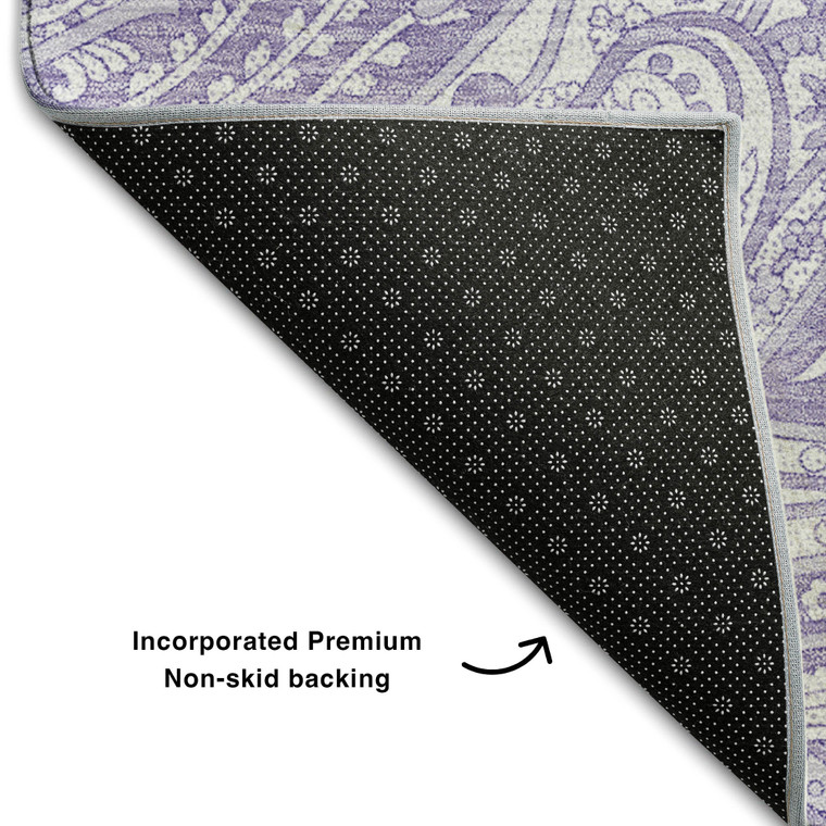8' Lavender And Ivory Paisley Washable Round Rug With UV Protection - 880024792354