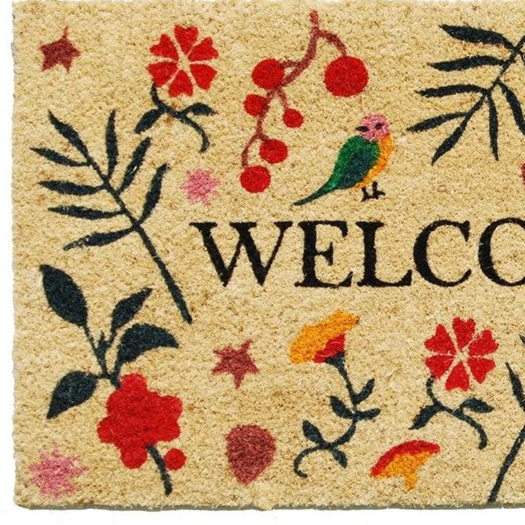 17" X 29" Brown Red Black And Green Floral Birds Welcome Outdoor Coir Door Mat - 880024661476