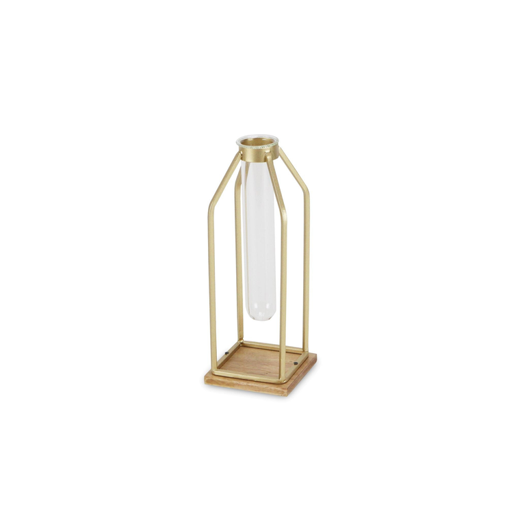 11" Gold Clear And Natural Metal Glass And Wood Test Tube Table Vase - 880016461244