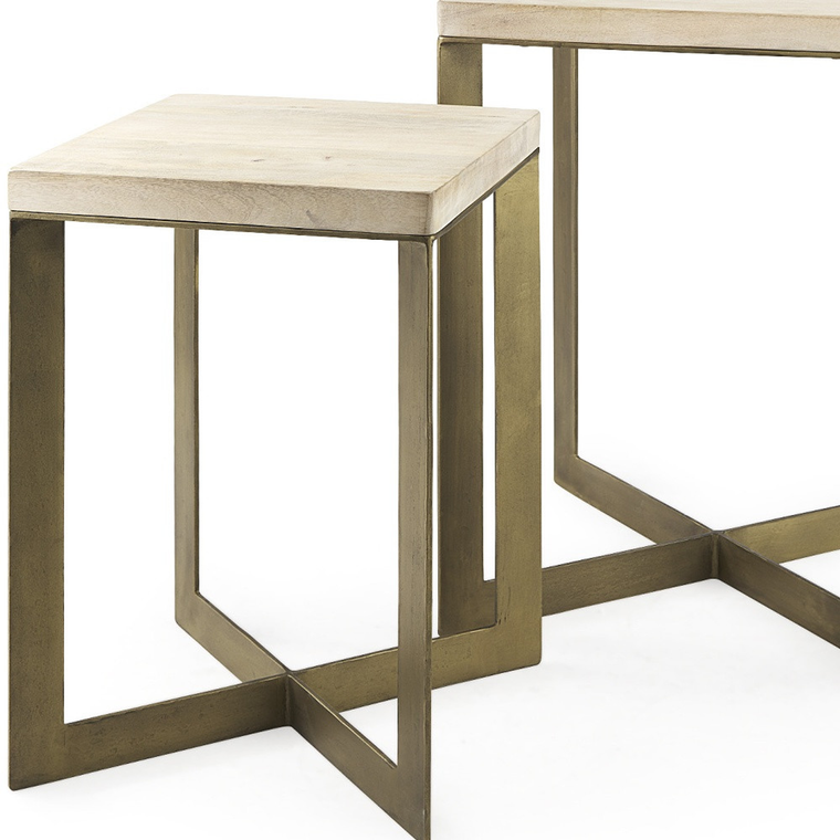 Set of Two Natural and Gold Solid Wood and Metal Square Cross Legs Nested Tables - 880016626780