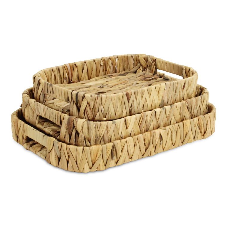 Set of Three Natural Water Hyacinth Rectangular Basket Trays - 880016435191