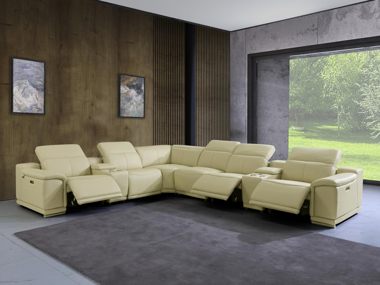 Beige Italian Leather Power Recline L Shape Eight Piece Corner Sectional With Console - 606114151517