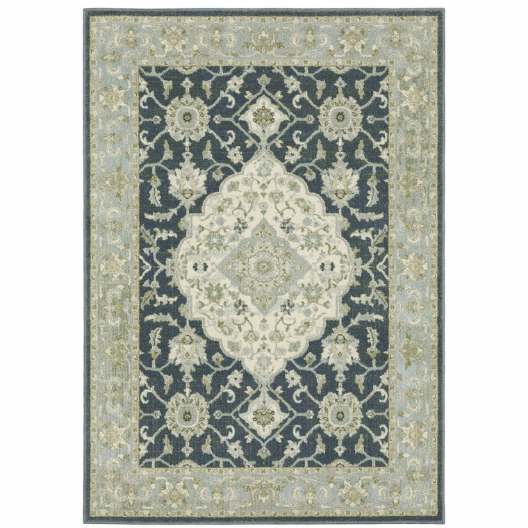 Homeroots Home Decor 8' x 11' Oriental Area Rug, Blue and Beige, Power Loom Stain Resistant